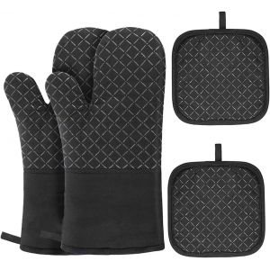 SJZG-Gants De Four Et Maniques, Gants Antid&eacute;rapants En Silicone R&eacute;sistant &Agrave; La Chaleur Pour Support De Plateaux Chauds Pour La Cuisson, 2 Gants&2 Maniques (Noir/A Carreaux01) - Neuf