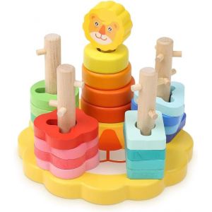 ChenQuanSarl-Jouets Montessori En Bois &Agrave; Empiler De Trieur De Formes Color&eacute;es. Jouets En Bois Pour Le D&eacute;veloppement Pr&eacute;coce Et La Motricit&eacute; Fine, Puzzles Pour Gar&ccedil;ons Et Filles De 1, 2 Et 3 Ans (Lion - Neuf