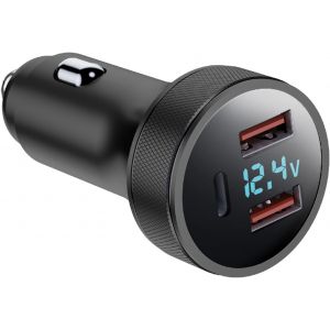 Chargeur Voiture Allume Cigare Usb, Adaptateur De Charge Rapide M&eacute;taux, Dual 18W Qc 3.0 + 36W Pd, Chargeur De Voiture Avec Voltm&egrave;tre Led (Noir) - Neuf