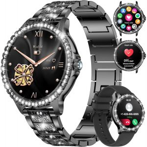 Montre Connect&eacute;e Femme Bluetooth Appels Pour Android Ios 1,32"" Hd Full Touch Screen Smartwatch Diamant Acier Noir,Fr&eacute;quence Cardiaque,Moniteur De Sommeil,Podom&egrave;tre,Calories,100+ Mode Sport - Neuf