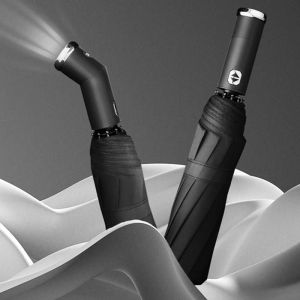 Parapluie LED coupe-vent soleil et pluie entièrement automatique 10 côtes parapluies avec 3 plis double usage unisexe noir - Neuf