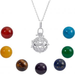 Kales-Chakra Collier 7 Pcs Chakra Pierre Guérison Cristal Pierres Précieuses Perles Rondes 16mm Avec Creux Spirale Perle Cage Pendentif&24 Pouces Câble Chaîne Collier Reiki Energy Set - Neuf