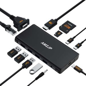 Adaptateur USB C, Hub USB C vers HDMI/VGA, USB-C vers Ethernet RJ45, Port Audio, PD 100W & Port USB-C, Docking Station USB C 13 en 1 pour MacBook Pro Tablette Type C - Neuf