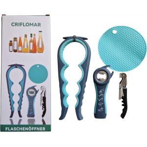 Letnerny-Ouvre-Verre Et D&eacute;capsuleur 4 En 1 &iquest; Pour Verres &Agrave; Vis, Canettes, Bouteilles De Vin &iquest; Poign&eacute;e Ergonomique Pour Personnes &Acirc;g&eacute;es Et Arthrite (Mains Faibles) (Bleu-Gris) - Neuf