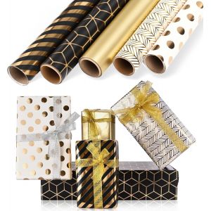 Lot De 5 Rouleaux De Papier Cadeau Noir Et Doré (43 Cm X 300 Cm) Avec Ruban Adhésif Doré Pour Grand Festival ,Anniversaire D'enfant ,Mariage ,Fête Prénatale - Neuf