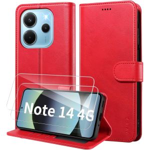 JGD-Coque pour Xiaomi Redmi Note 14 4G, Etui avec 2 Verre Tremp&eacute; Porte Carte Clapet &agrave; Rabat Portefeuille Cuir Case Housse Protection Cover &Eacute;tui pour Redmi Note 14 4G,Rouge - Neuf