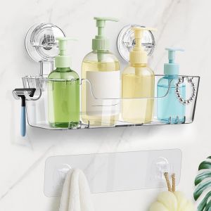BHHBB-Etagere Douche sans Percage avec Ventouse, Etagere Salle de Bain Adhésive avec Porte-rasoir et Crochets, Rangement et Organisation de la Salle de Bain, Amovible, 2 Options d'Installation - Neuf