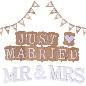 Checarzhn--No1-3pcs Décoration Mariage Champetre Kit De Guirlande Fanion Mariage Avec Guirlande Just Married Banderole Et Mr Et Mrs Lettres En Bois Pour Decoration De La Cérémonie Du Mariage - Neuf