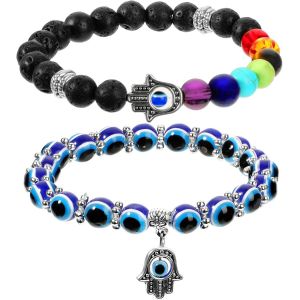 2 Pcs Bracelets De Mauvais ?Il, Main De Fatima, 7 Chakras, Perlé, Extensible, Pierres Précieuses, Main De Hamsa, Guérison, Cristaux De Protection, Bonne Chance[Bra9200643] - Neuf
