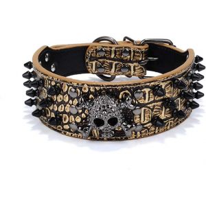 Eryi-Collier Pour Chien Crâne Rivet, Grand Collier Pour Chien Moyen Et Petit, Tête De Mort Réglable Avec Rivets À Pointes Collier Pour Chien En Similicuir Crocodile - Neuf