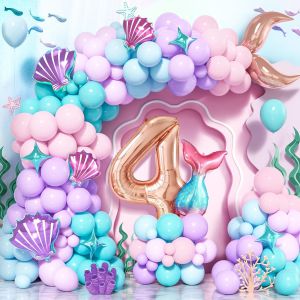 Ballon Sirène Queue Guirlande Anniversaire 4 Ans, 125 Pièces Violet Rose Teal Bleu Ballons Latex Arche Avec Numéro 4 Pour Décorations Filles Enfants Sirène Sous La Mer Thème Anniversaire Baby Shower - Neuf