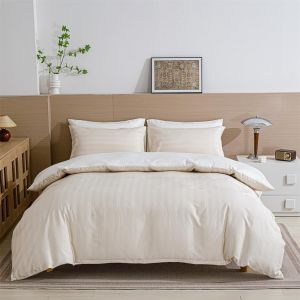 Sjzg-Parure De Lit 2 Pièces En Satin 135 X 200 Cm - Beige À Rayures - Satin Brillant - Housse De Couette Douce Et Soyeuse - Avec Fermeture Éclair Et Taie D'oreiller De 80 X 80 Cm - Neuf