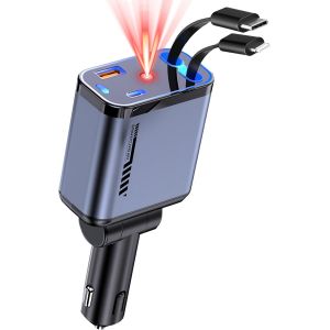 JGD-4 En 1 Chargeur Voiture,62w Chargeur Telephone Voiture,Chargeur Allume Cigare Usb C,Adaptateur Voiture Lumi&egrave;Re &eacute;Toil&eacute;E,Avec C&acirc;Ble R&eacute;Tractable,Voiture Accessoires,Pour Iphone 16/15/14/13/Galaxy/An - Neuf