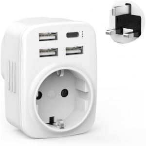 Adaptateur Prise Anglaise, 5 en 1 Adaptateur Prise UK avec 3 USB A et 1 USB C, Adaptateur UK,Prise Anglaise Adaptateur Francais,Adaptateur Type G pour Irlande Angleterre Ecosse Malte - Neuf