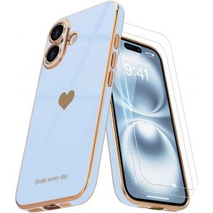 Eryi-Coque Compatible Avec Iphone 16 + 2 Films De Protection D'écran, Coque Pour Fille, Coque De Protection D'appareil Photo Galvanisée Pour Iphone 16, Bleu Clair - Neuf
