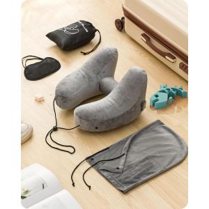 Oreiller De Voyage Gonflable, Oreiller De Cou En Forme De H Avec Capuche, Oreiller De Voyage Ergonomique Pour L'avion (Gris) - Neuf