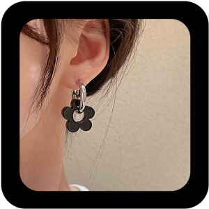 Kal-Boucles D'oreilles Pendantes En Émail Fleur Noir Boucles D'oreilles Goutte Fleur Creuse Boucles D'oreilles Clou Cercle Large Boucles D'oreilles Cerceau Fleur Acrylique Noir Bijoux Pour - Neuf
