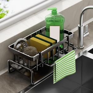 Eryi-Noir Porte Eponge Evier Cuisine En Acier Inoxydable, Organisateur D'évier De Cuisine Avec Amovible Porte-Serviettes, Support Evier Rangement Pas De Forage Pour Brosse Chiffon Savon - Neuf