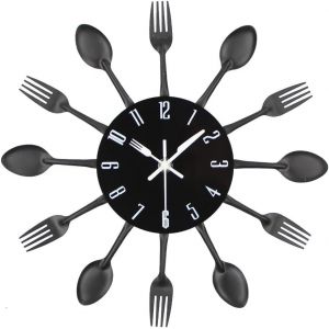 Horloge de cuisine effet miroir avec cuillère,fourchette,autocollant amovible en 3D pour la décoration de la maison 32*32*4CM Noir - Neuf