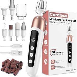 Set De Manucure/P&eacute;dicure, Kit Manucure Pedicure Sans Fil, Ponceuse Pour Ongles Professionnel Avec Batterie, Kit De Soin Des Ongles &Eacute;lectrique Avec 6 Embouts, Lumi&egrave;re Led, Lime A Ongle Electrique - Neuf