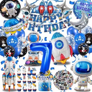 MEVRONISSHOP-Decoration Anniversaire Enfant Espace Set 7 Ans, XXL ballon en Aluminium Astronaute Fus&eacute;e, D&eacute;coration F&ecirc;tes Astronaute Garcon, Happy Birthday Banni&egrave;re (Anniversaire Espace ballons 7 Ans) - Neuf