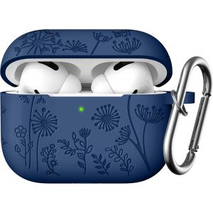 Fleurs Gravure Coque Compatible avec AirPods Pro 2 Coque 2022,Souple Silicone Coque pour Apple AirPods Pro 2nd/1st Génération,Coque Antichoc avec Mousqueton [LED Avant Visible],Bleu Marine - Neuf