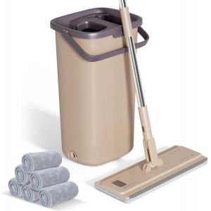 Kit de serpillère 2 en 1 avec seau, serpillère avec fonction essorage, seau de nettoyage 2 en 1, serpillère avec seau, serpillère pour le nettoyage du sol, avec poignée en acier inoxydable et 6 - Neuf