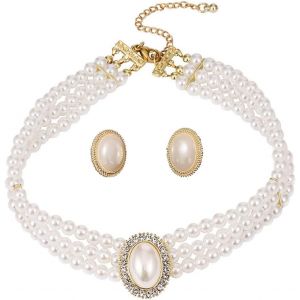 Tianyi-Wedding Suite Pearl Choker Collier Simulation Pearl Plaqu&eacute; Rhodium &Eacute;l&eacute;gant Charme Collier F&eacute;minin Multicouche Choker Chain Roundcollier Perleavec 1 Paire De Boucles D'oreilles En Perles - Neuf