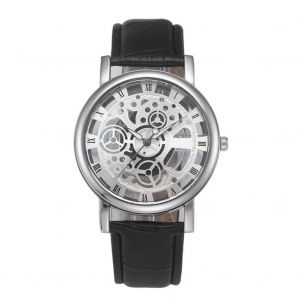 Montre Non Mécanique À Cadran En Chiffres Romains Creux Avec Bracelet En Cuir Pu (Noir Blanc) - Neuf