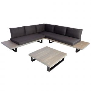 Salon De Jardin Ensemble Lounge 5 Places 255x255 Cm Aluminium Et Bois D Acacia Avec Coussins Gris 04_0010291 - Neuf