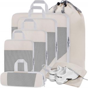 Lot De 7 Cubes D'Emballage De Compression Pour Val S, Bagages, Sacs De Rangement Extensibles Et L&eacute;gers En Maille Pour Le Rangement De Voyage Ou &Agrave; La Maison, Beige - Neuf