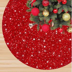 Jupe de sapin de No&euml;l rouge pour sapin de table, 53 cm (21 pouces), &agrave; paillettes, tapis de sapin classique en velours pour sapins crayon, jupe de sapin scintillante - Neuf