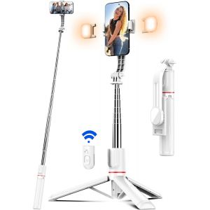 Tianyi-Perche &Agrave; Selfie 115 Cm Avec Tr&eacute;pied Am&eacute;lior&eacute; [2 Lumi&egrave;re De Remplissage] Tr&eacute;pied Pour T&eacute;l&eacute;phone Avec T&eacute;l&eacute;commande D&eacute;tachable, 360&deg; Rotation Compatible Iphone Samsung Smartphones Et Gopro - Neuf