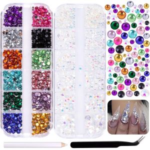 Kal-Boîtes Strass Ongle Nail Art, Couleurs Mélangées Gems Plat Rond Cristal Ab Strass, Avec Pince À Epiler Et Stylo De Cueillette Strass Ongles - Neuf
