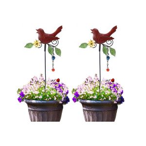 Lot De 2 D&eacute;corations De Jardin En M&eacute;tal En Forme D'oiseau Avec Clochette Et Ressorts - Rouge - Neuf