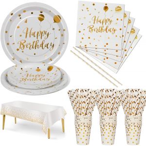 Mevronisshop-Anniversaire Party Vaisselle,121pcs Blanc Or Kit Vaisselles Papier Assiette Tasse Serviette, Enfants F&ecirc;te Anniversaire D&eacute;coration -24 Invit&eacute;s - Neuf