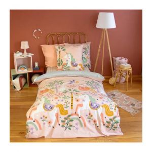 Parure De Lit - Enfant - Housse De Couette 140x200 Cm - Licorne Et Danseuses - 100% Coton - R&eacute;versible - Neuf