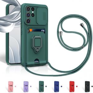 Kal-Cordon De Coque Pour Samsung Galaxy S23 Ultra 5g,Couvercle Coulissant De La Caméra+Support Annulaire À 360 Degrés,Fentes Pour Cartes Lanyard Silicone Case -Vert - Neuf