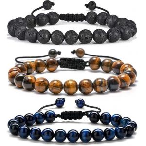 Oeil De Tigre Bracelet Pour Hommes - 8 Mm En Oeil De Tigre Pierre De Lave Bracelet Pour Les Hommes, Réglable En Oeil De Tigre Soulagement Du Stress Bracelet, Aromathérapie Huile Essentielle Diffuseur Bracelet - Neuf