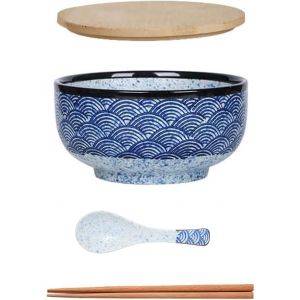 Bol &Agrave; Ramen Japonais Grand Bol &Agrave; Soupe Avec Cuill&egrave;re &Agrave; Couvercle,Bol &Agrave; Ramen En C&eacute;ramique Vintage,Bols &Agrave; Salade,Bol &Agrave; Nouilles Instantan&eacute;es-900 Ml (Ondulations De L'eau) - Neuf