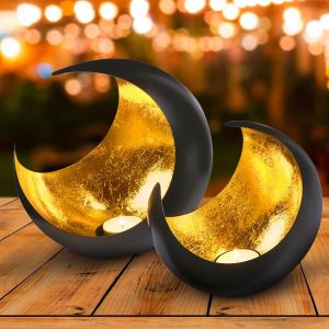 meimie-Lot De 2 Photophores Décoratifs Modernes Lune 20Cm Doré Décoration D'Automne Noir Extérieur Et Intérieur Photophore Oriental En Métal Décoration De Noël - Neuf