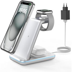 Station De Charge Pour Apple, Chargeur Induction 3 En 1 Pour Iphone Air/17/16/15/14/13/12/11/Xs/8, Support Chargeur Pour Apple Watch Ultra/11-2/Se, Chargeur Sans Fil Pour Airpods Pro-2, Argent - Neuf