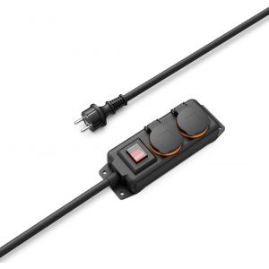 Multiprise Etanche 2 Prises 16A avec Interrupteur (Multiprise Ext&eacute;rieur Rallonge 2m, Bloc 2 Prises &eacute;tanches IP44 avec Couvercle, Type F Schuko, 3680W, Id&eacute;al Jardin Garage Atelier Chantier) Noir - Neuf