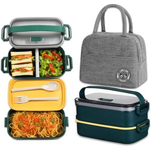 Kalanka-Bento Lunch Box Kit, 1600ml Boite Repas Avec Couverts E Sac Isotherme Repas, Herm&eacute;tique Bo&icirc;tes Bento Pour Pique-Nique, Travail, Go&ucirc;ter, Bo&icirc;te &Agrave; Lunch Micro Ondes(Vert Fonc&eacute;) - Neuf