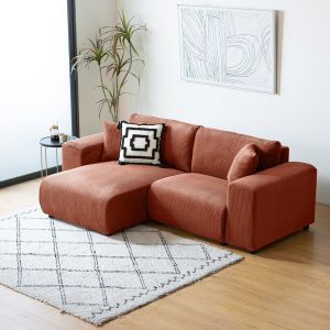 Canap&eacute; d'angle modulable 3 places en velours c&ocirc;tel&eacute; terracotta ABERDEEN - Neuf