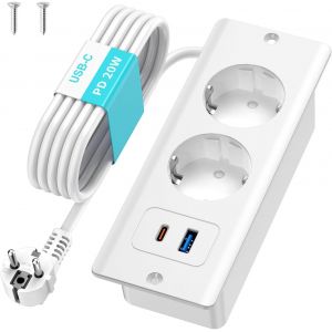 Prise Encastrable, Multiprise Electrique 2 Prises Et Usb C, Multiprise Encastrable Pour Plan De Travail, Cuisine, Bureau, Multiprise Encastrée Avec 1.8M Câble,Blanc - Neuf