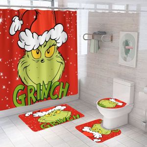 4 pi&egrave;ces de No&euml;l Rideau de Douche avec des Tapis antid&eacute;rapants, Toilette d'un Couvercle et Tapis de Bain, Gr.pouces No&euml;l de Rideau de Douche avec 12 Crochets pour la salle de Bains (Une) Maison de V - Neuf