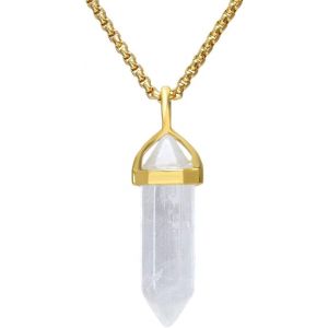 Kal-Energie Chakra Pierre De Cristal Collier Pour Femme Et Homme, Prisme Hexagonal Pointé Protection Pendentif En Pierre Precieuse Avec Doré Chaîne 20"", Cristal De Roche - Neuf