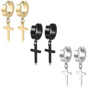 Lot De 3 Paires De Boucles D'oreilles Créoles En Acier Inoxydable Pour Homme Et Femme, Argent, Or Et Noir - Neuf