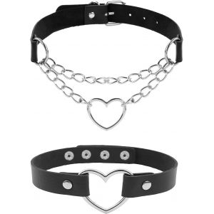 Cuir Noir Choker Punk Gothique Cuir,2 Coeurscollier Ras De Cou Femme Gothique Choker Femme Cuir Pu R&eacute;glable Chokers Punk Gothiques - Neuf